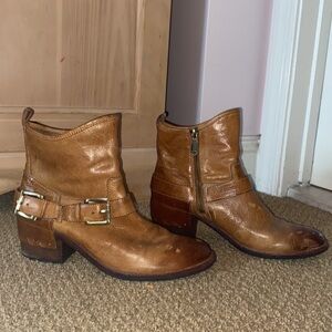 Leather cowgirl gold buckle boots women 8.5 . Light brown leather ankle boots